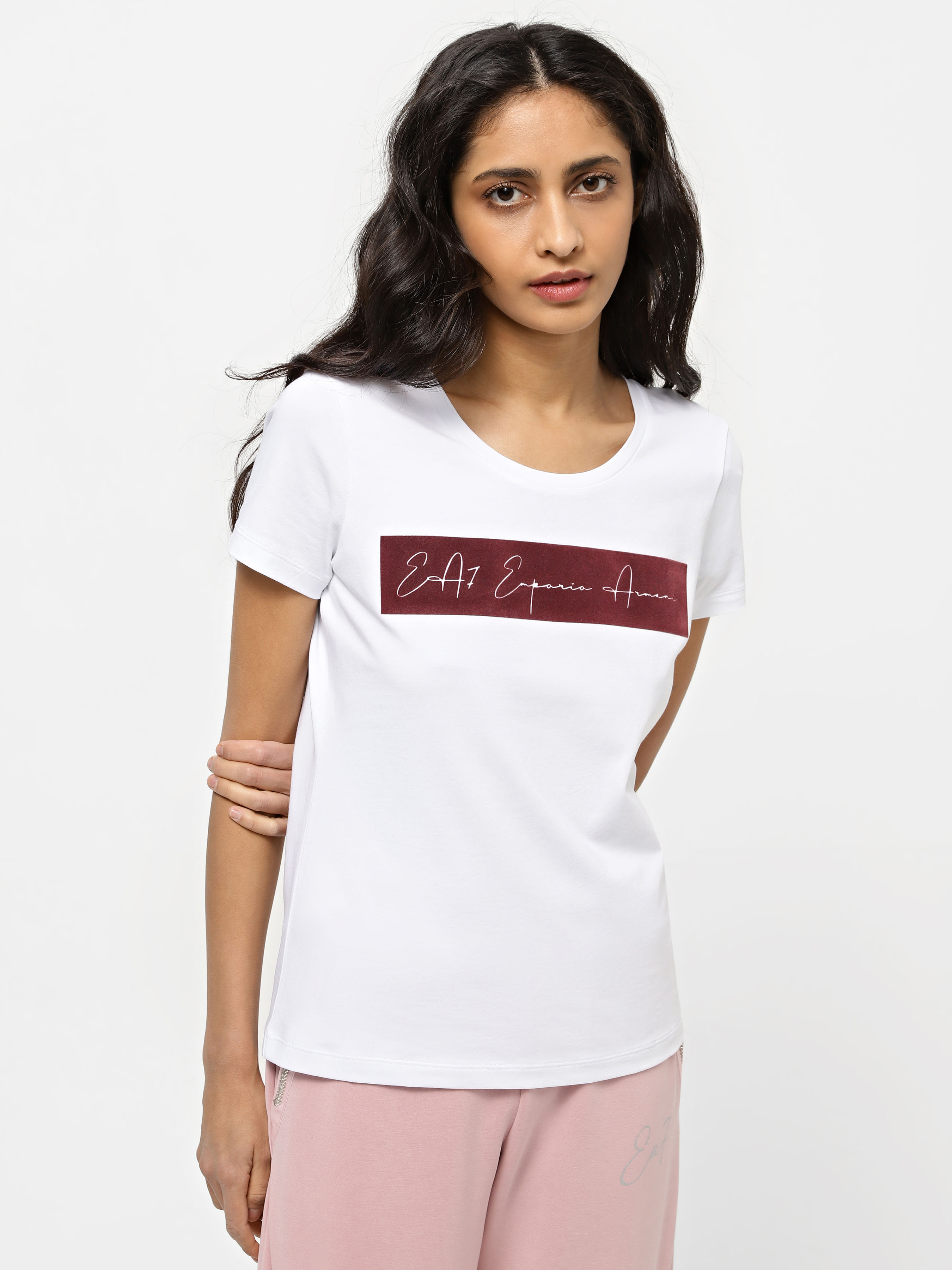 Жіноча Футболка EA7 Athletic Velour organic cotton-blend  (7P516) колір білий, матеріал бавовна/модал