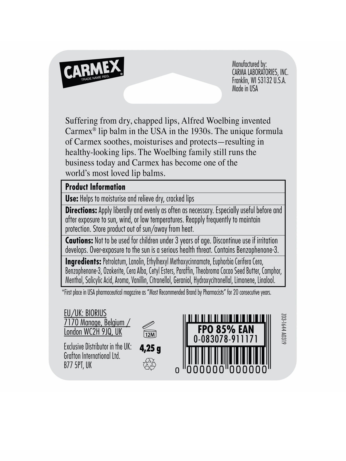 Бальзам для губ SPF15 Carmex модель CX180 Фото