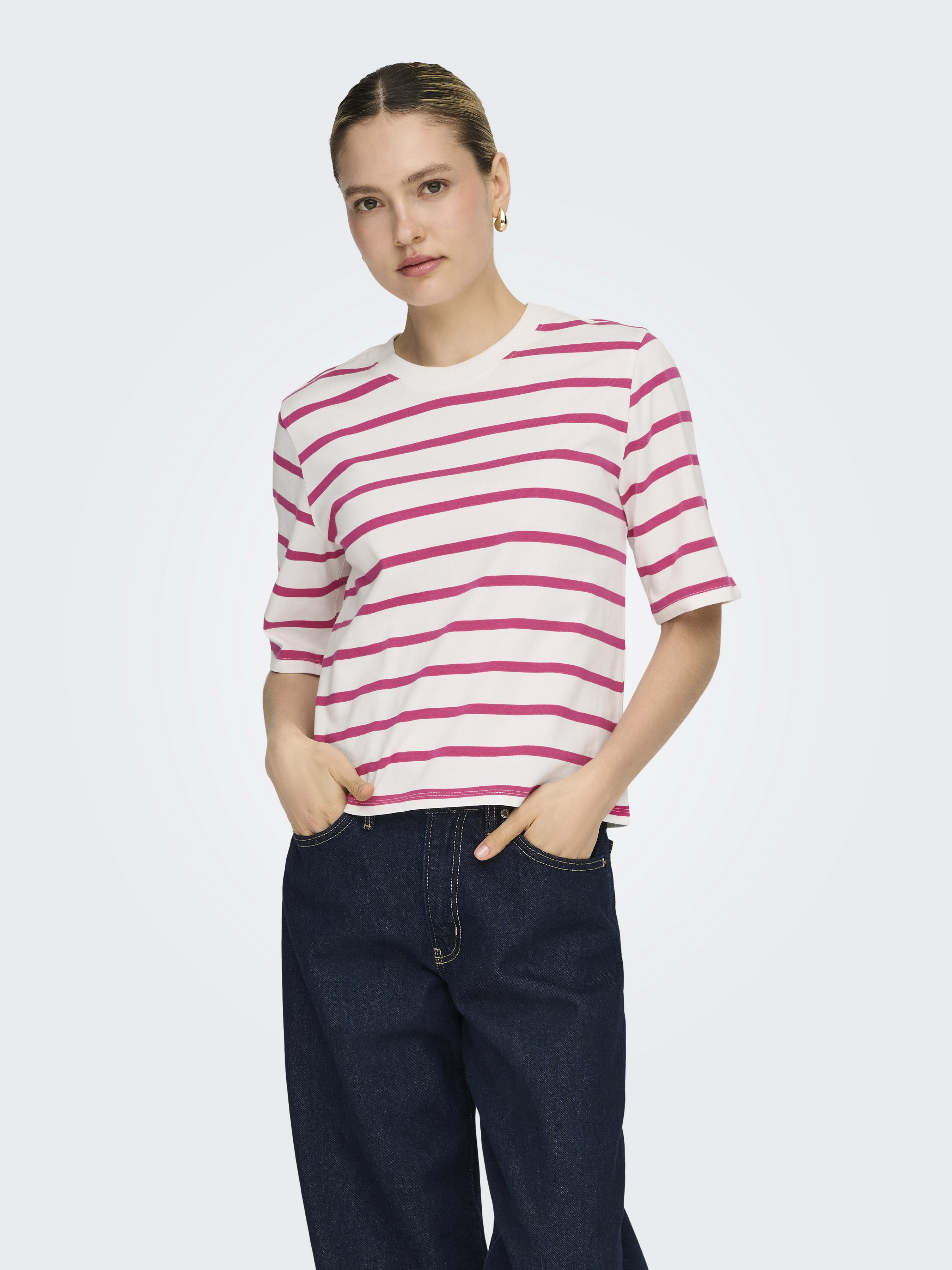 Бавовняна Жіноча Футболка Only SOPH S/S STRIPE TOP (ONW937) колір білий/рожевий