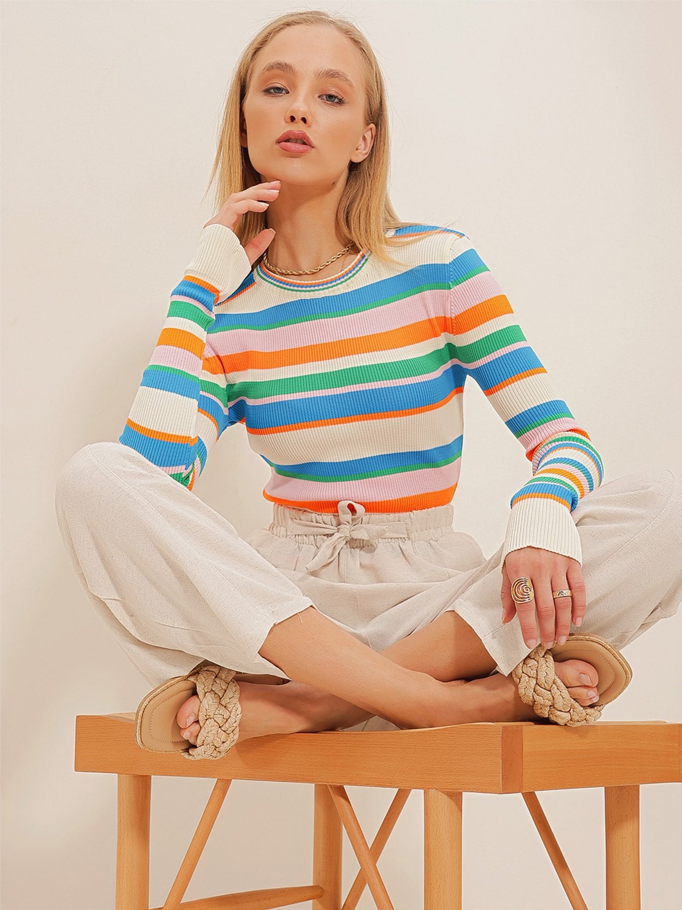 Лонгслив Trend Alacati Stili модель ALC-X10646/Turuncu-Mavi Фото