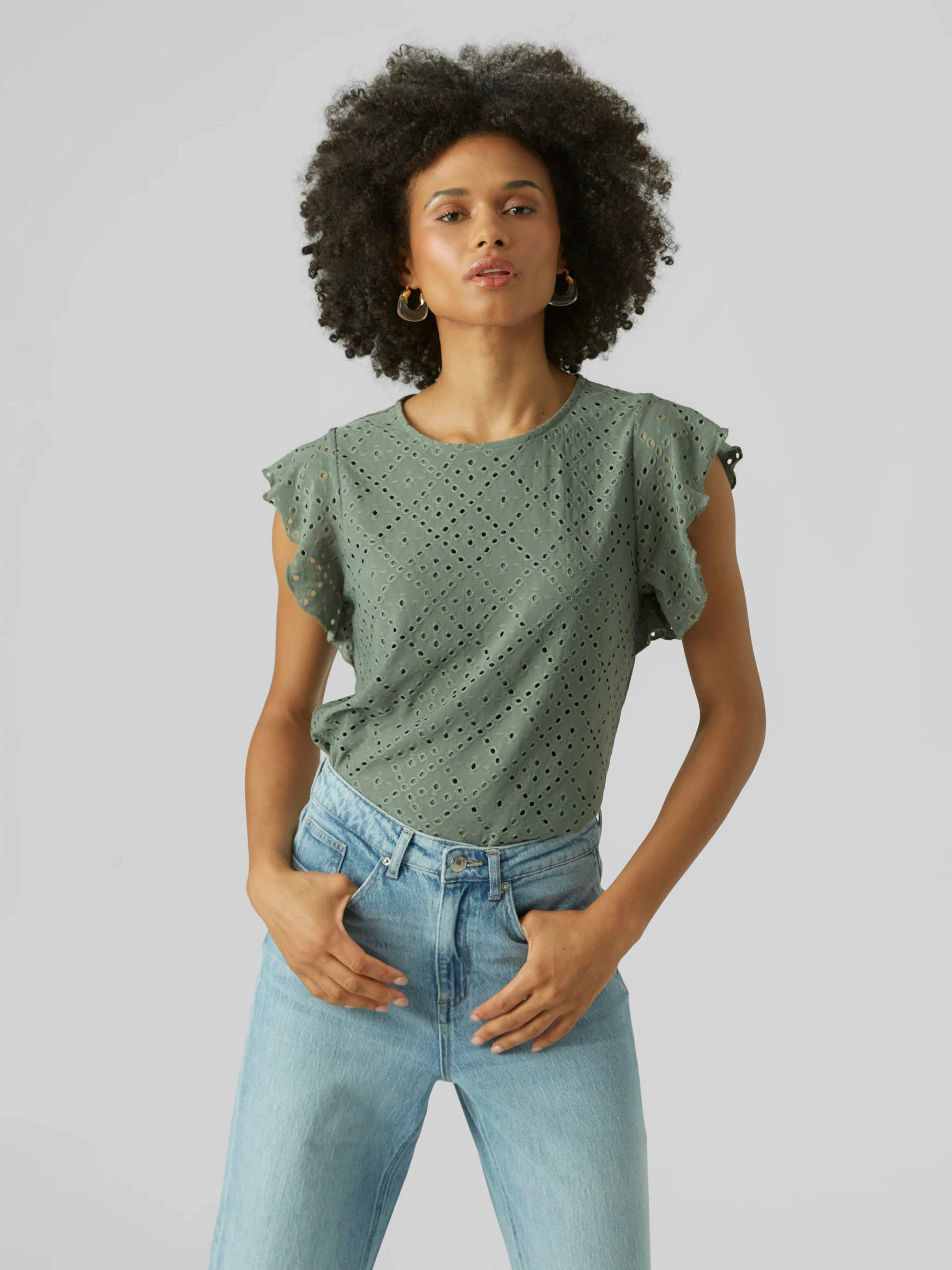 Жіноча Футболка Vero Moda TASSA SL FRILL TOP (VMW744) колір зелений, матеріал поліестер/еластан
