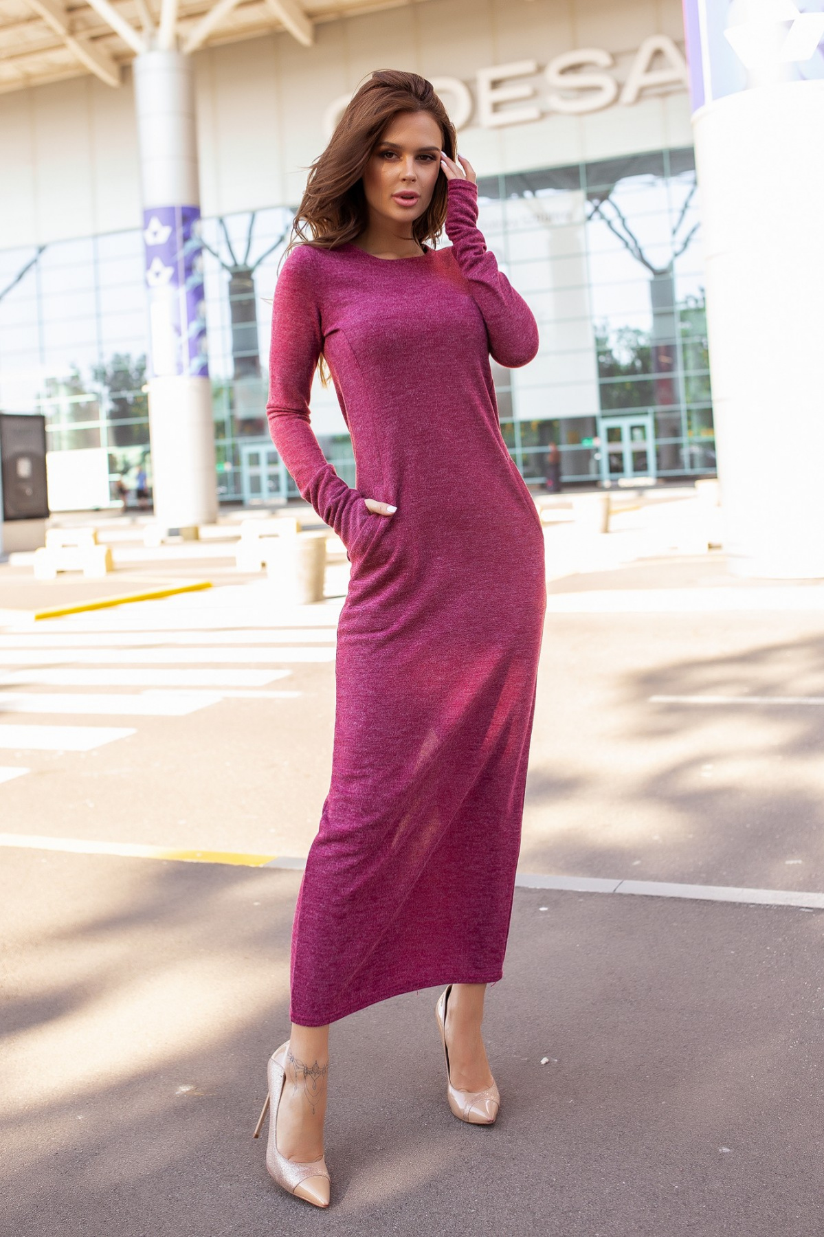 Бордовое трикотажное платье с длиной в пол ISSA Plus модель 12105_burgundy Фото