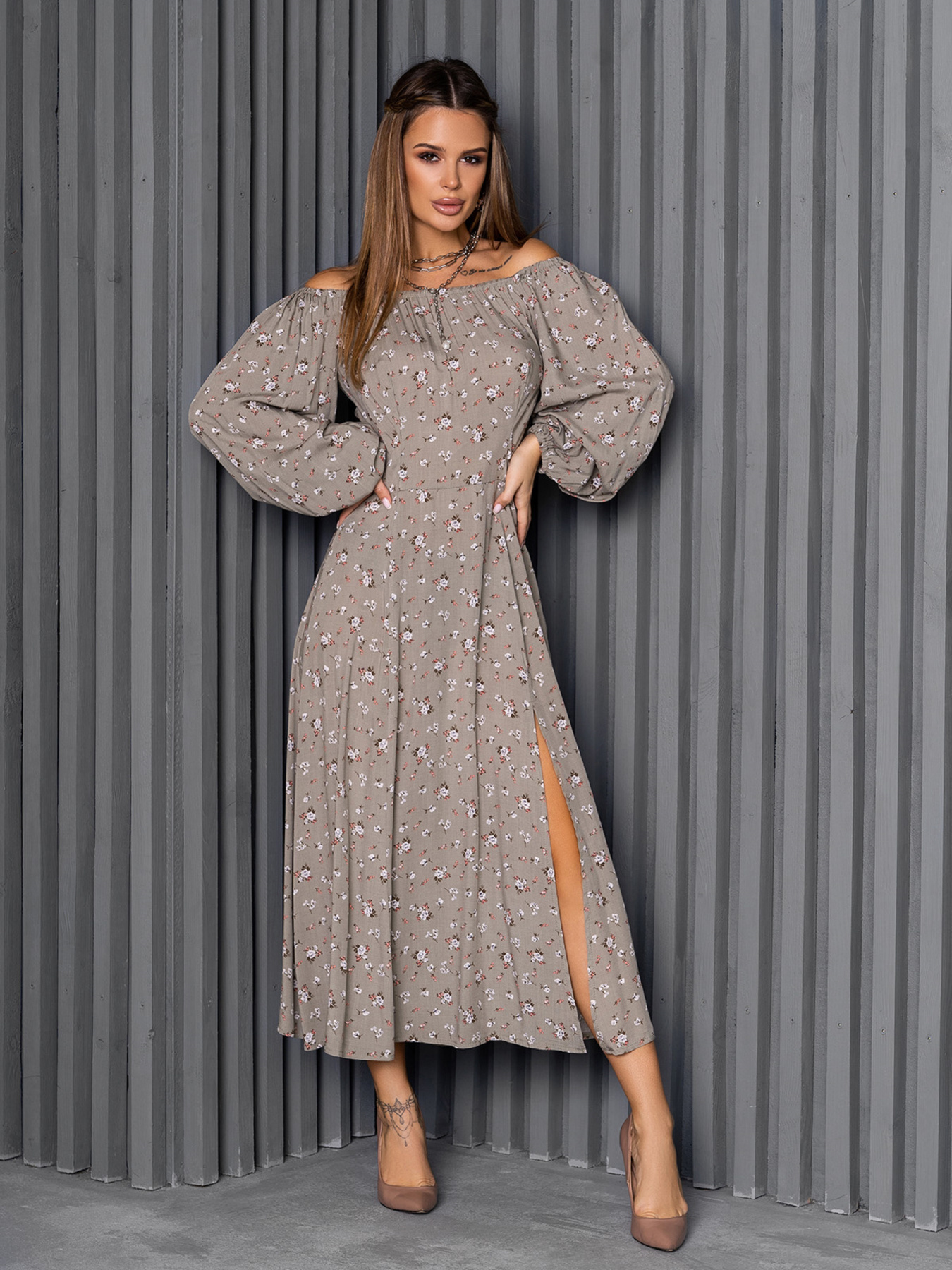 Платье макси ISSA Plus модель 14253_оливковый Фото