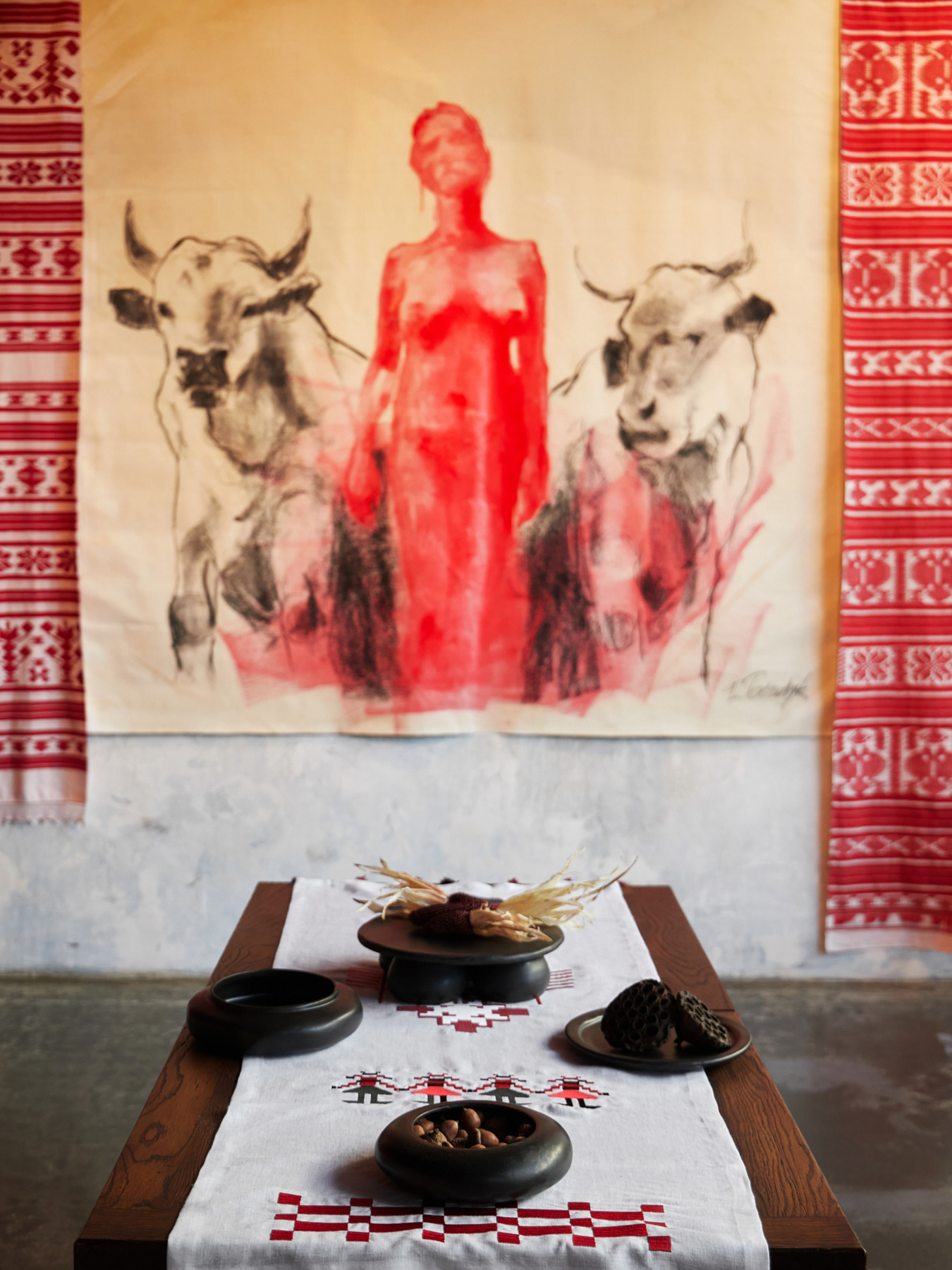 Ранер (доріжка) столовий з льону з машинною Різдвяною вишивкою GNIZDO Модель TUSTRCCGK-002E Фото