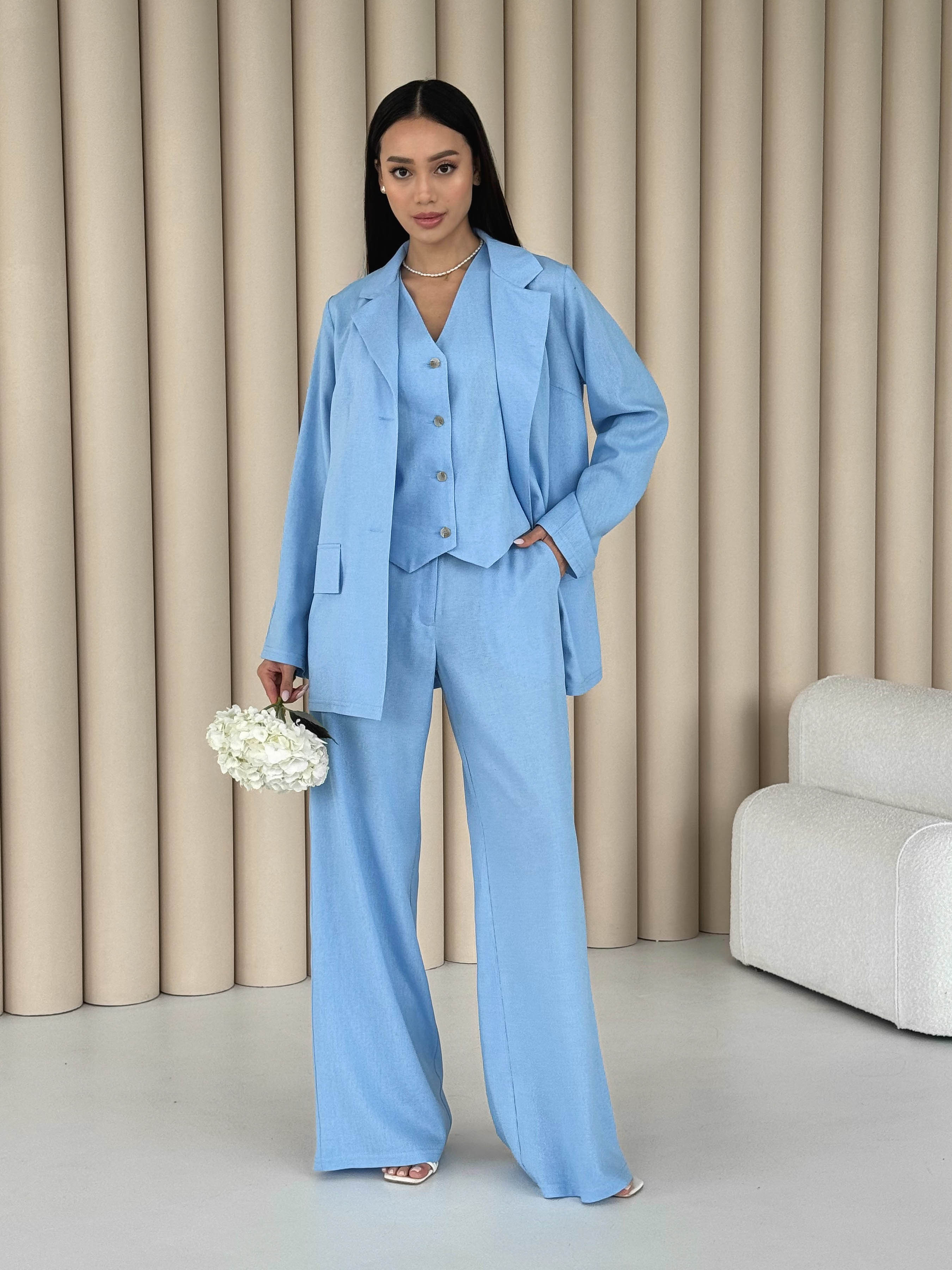 Лляний Жіночий Діловий костюм Jadone Fashion  (Vest_Mey_bl) колір блакитний Jadone Fashion - купити в Україні