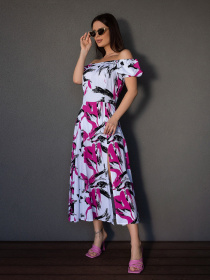 Платье миди ISSA Plus модель 14680_белый_малиновый Платье миди ISSA Plus модель 14680_белый_малиновый Фото