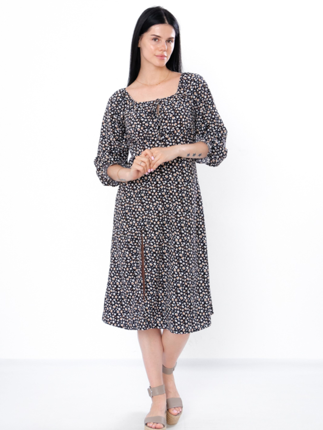 Платье миди Носи своє модель 3387-077-bezhev-kvti-na-chornomu Фото