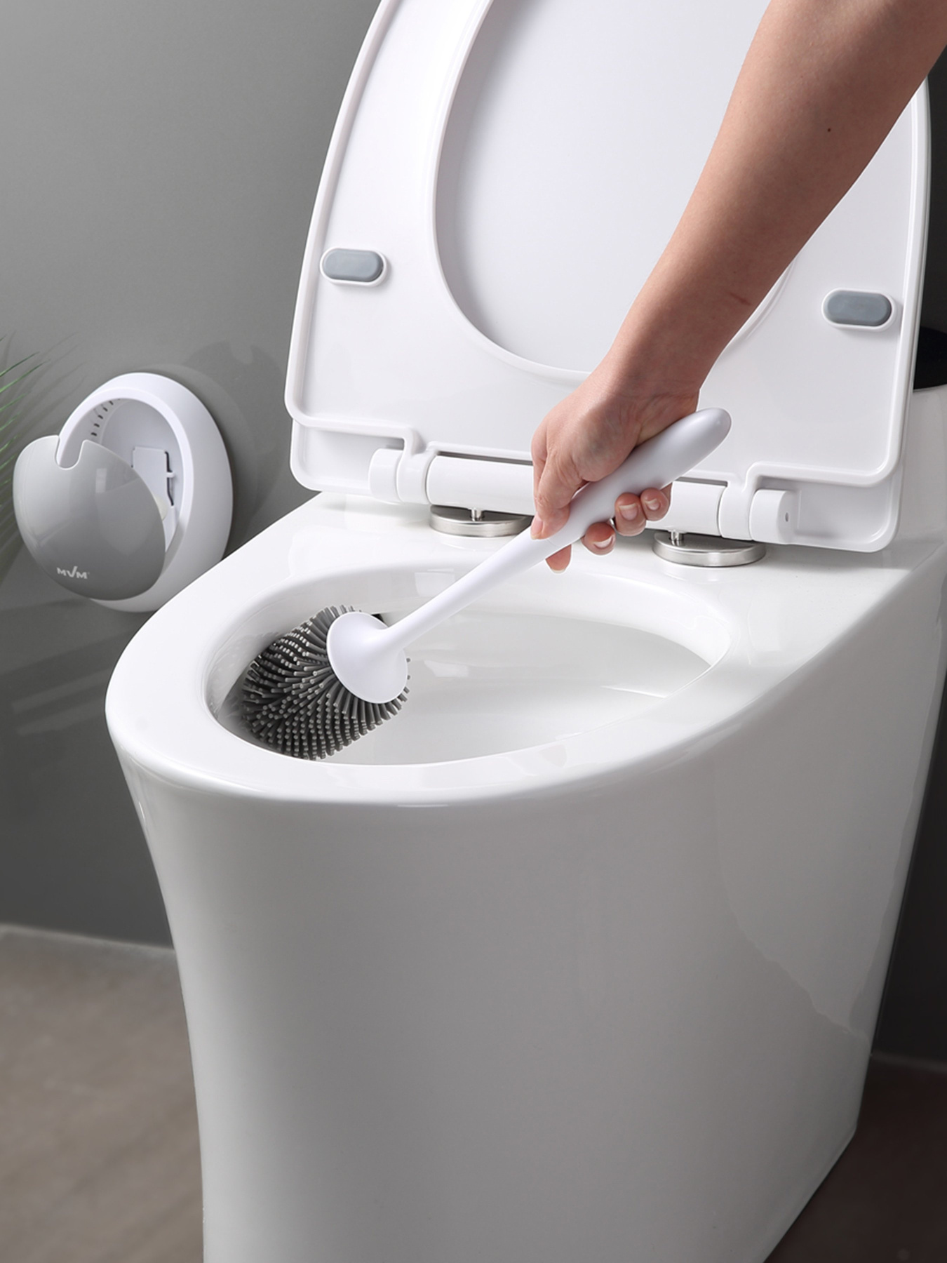 Ершик с силиконовой щеткой клеящийся настенный белый с серым MBM MY HOME модель BP-21 WHITE/GRAY Фото