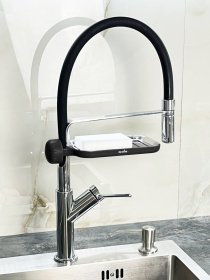 Полиця на душову штангу та змішувач з фіксатором чорна MBM HOME модель BP-22 BLACK Фото