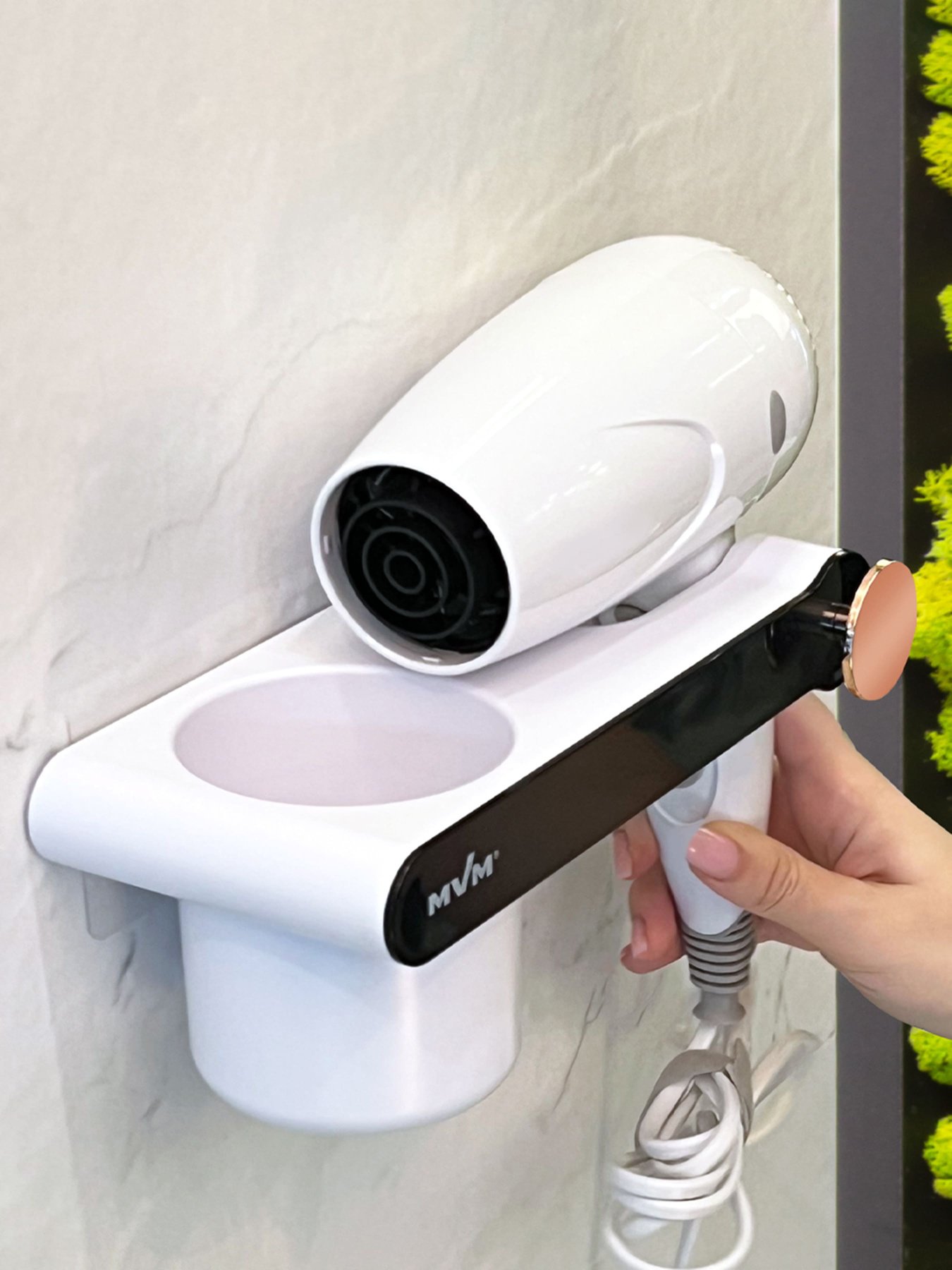 Полка с держателем для фена клеящаяся белая с черным MBM MY HOME модель BP-33 WHITE/BLACK Фото