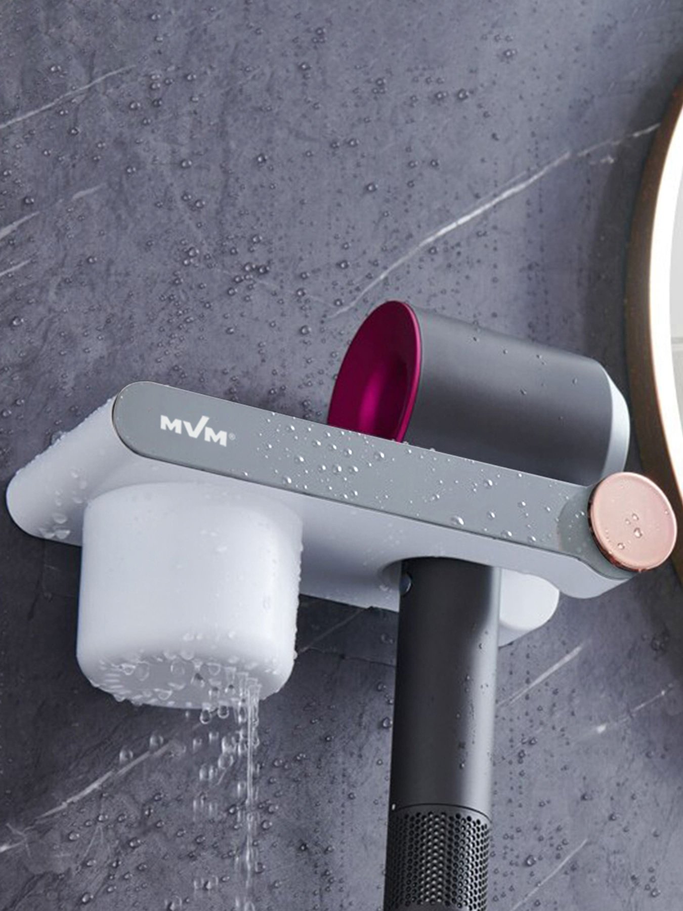 Полка с держателем для фена клеящаяся белая с серым MBM HOME модель BP-33 WHITE/GRAY Фото