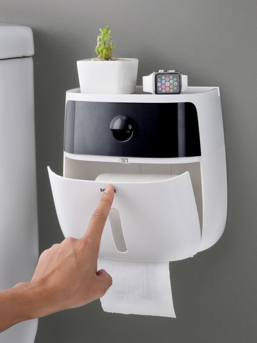 Тримач для туалетного паперу з поличкою клейкий білий з чорним MBM MY HOME Модель BP-16 WHITE/BLACK Фото