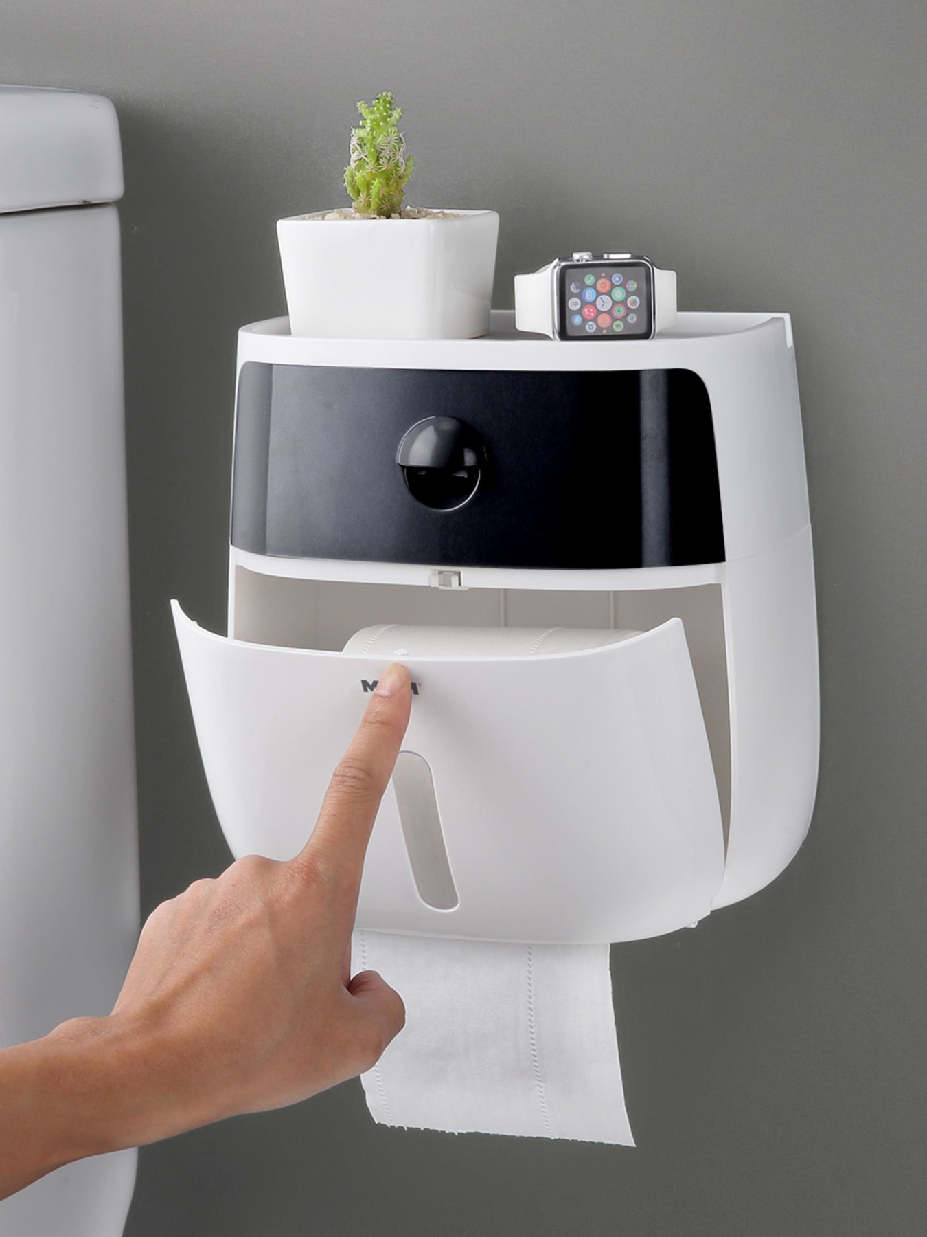 Тримач для туалетного паперу з поличкою клейкий білий з чорним MBM HOME модель BP-16 WHITE/BLACK Фото