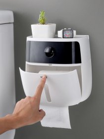 Тримач для туалетного паперу з поличкою клейкий білий з чорним MBM HOME модель BP-16 WHITE/BLACK Фото