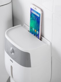 Держатель для туалетной бумаги с полочкой клеящийся белый с серым MBM MY HOME модель BP-16 WHITE/GRAY Фото