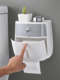 Держатель для туалетной бумаги с полочкой клеящийся белый с серым MBM MY HOME модель BP-16 WHITE/GRAY Фото