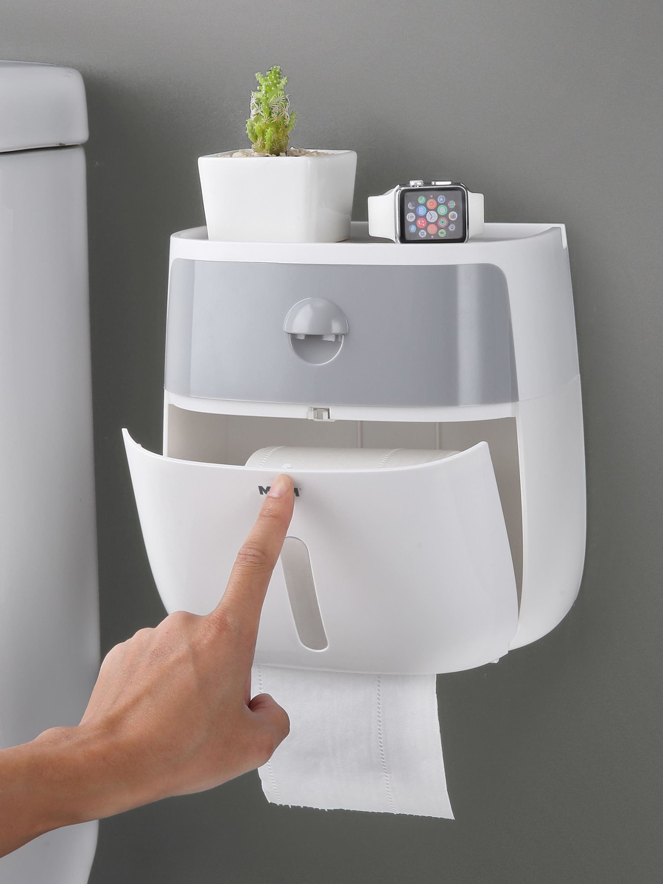 Держатель для туалетной бумаги с полочкой клеящийся белый с серым MBM HOME модель BP-16 WHITE/GRAY Фото