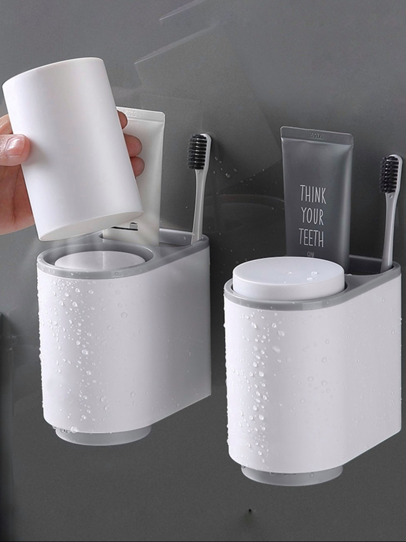 Держатель для зубных щеток со стаканами клеящийся белый с серым MBM HOME модель BP-20 WHITE/GRAY Фото