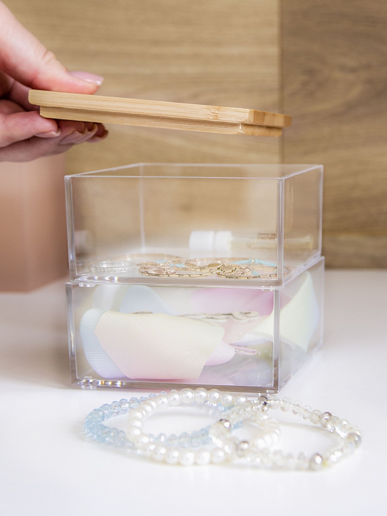 Органайзер для мелочей двойной квадратный прозрачный/дерево Paris MBM MY HOME модель FH-29 T/WOOD Фото