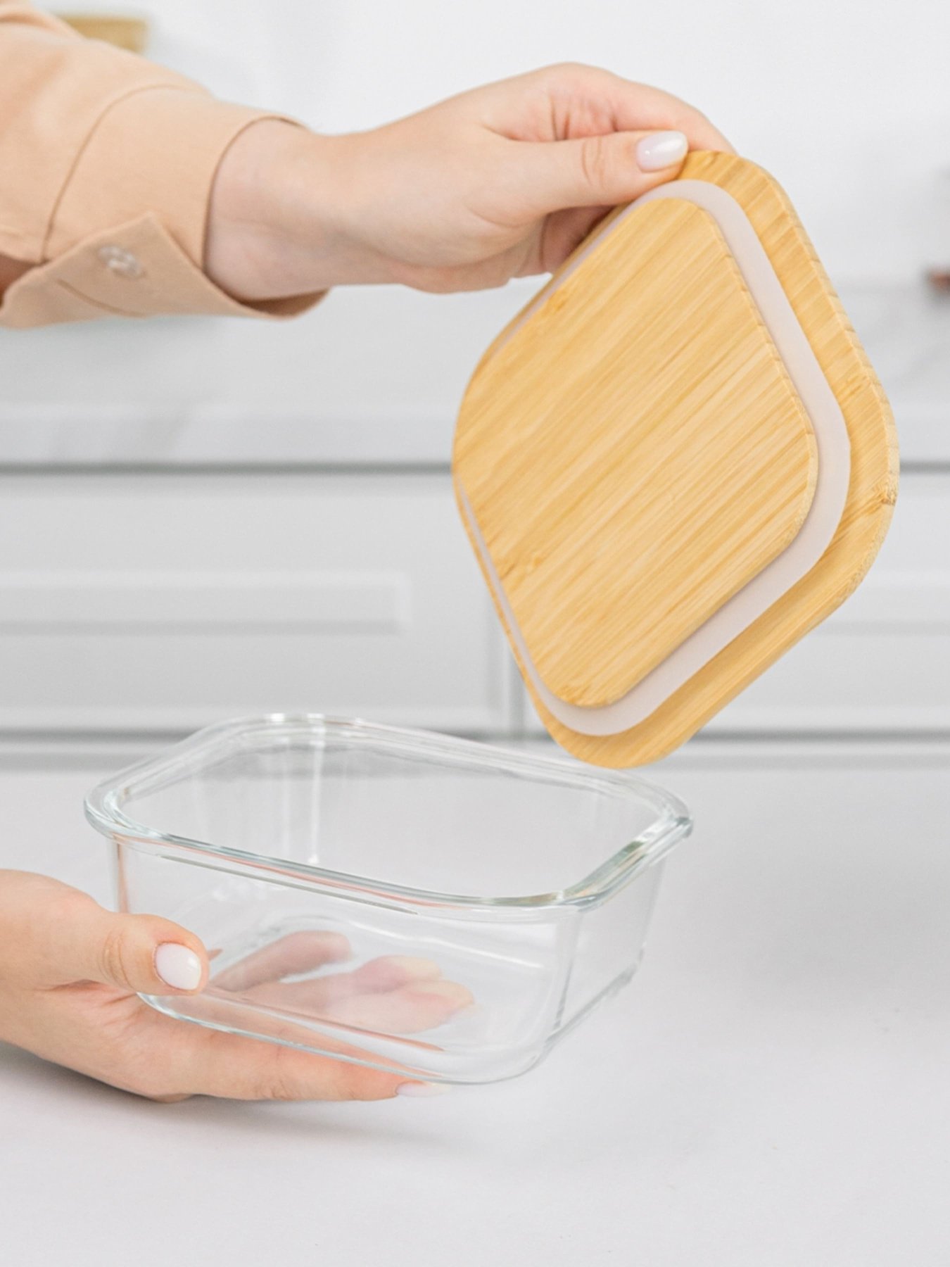 Емкость для хранения квадратная прозрачная/дерево MBM HOME модель KP-60 M T/WOOD Фото