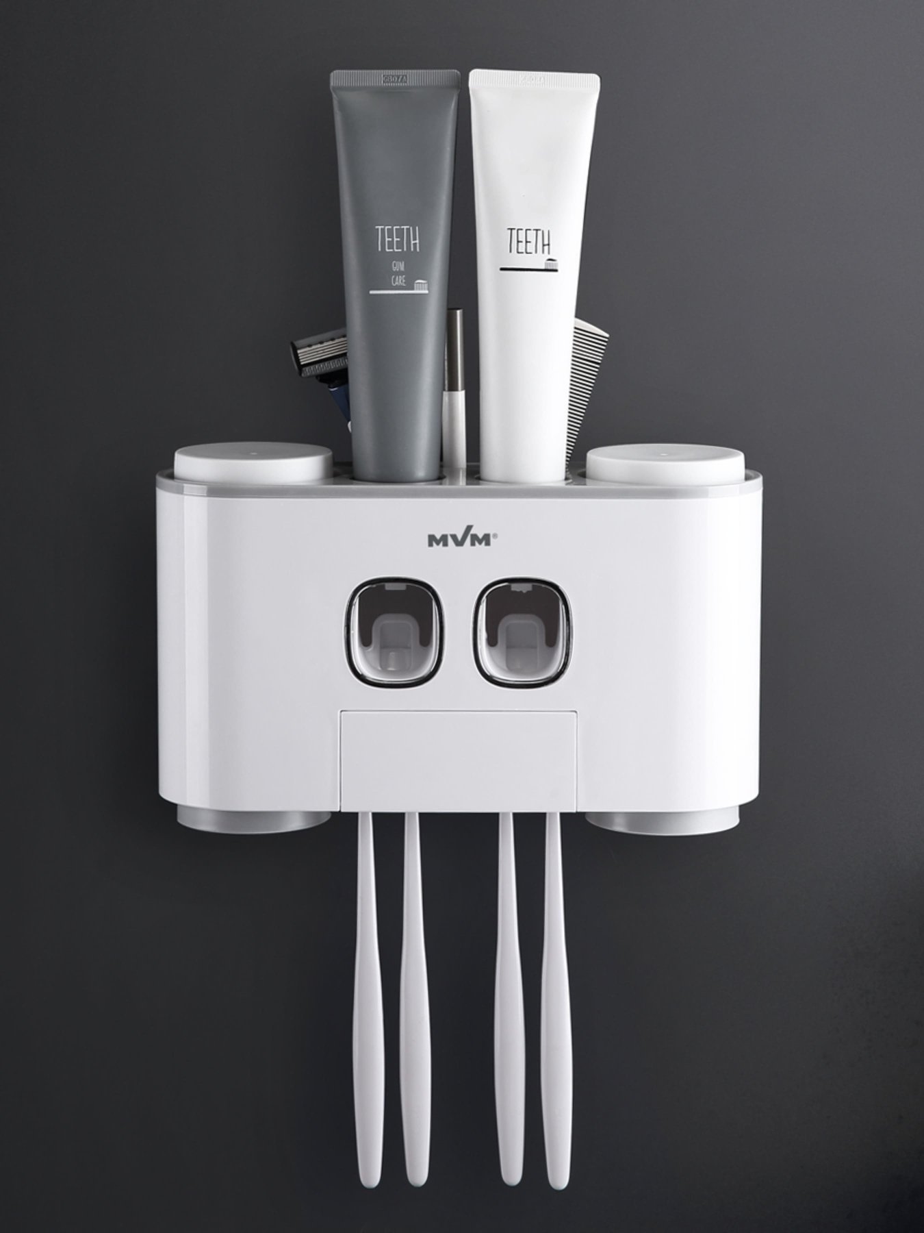 Держатель диспенсер 3-в-1 для зубной пасты со стаканами клеящийся MBM MY HOME модель BP-25 WHITE/GRAY Фото