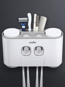 Держатель диспенсер 3-в-1 для зубной пасты со стаканами клеящийся MBM MY HOME модель BP-25 WHITE/GRAY Фото