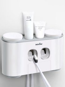 Держатель диспенсер 3-в-1 для зубной пасты со стаканами клеящийся MBM MY HOME модель BP-25 WHITE/GRAY Фото