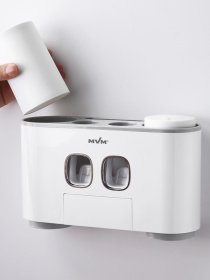 Держатель диспенсер 3-в-1 для зубной пасты со стаканами клеящийся MBM MY HOME модель BP-25 WHITE/GRAY Фото