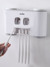Держатель диспенсер 3-в-1 для зубной пасты со стаканами клеящийся MBM MY HOME модель BP-25 WHITE/GRAY Фото