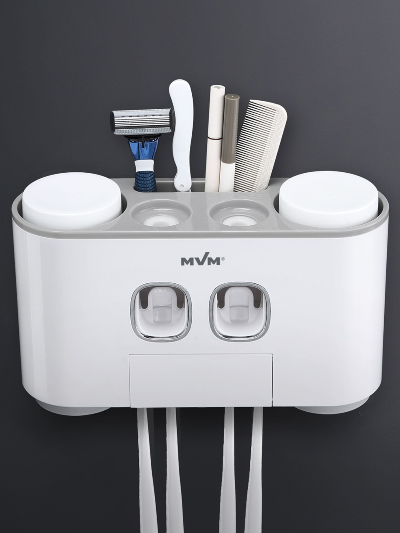 Тримач-диспенсер 3-в-1 для зубної пасти зі стаканами клейкий MBM HOME модель BP-25 WHITE/GRAY Фото