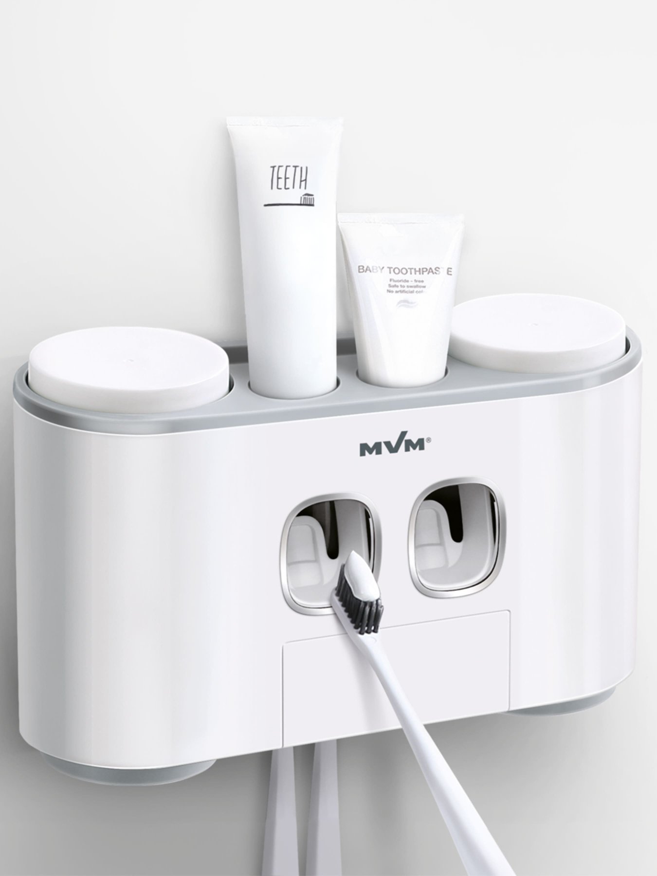 Тримач-диспенсер 3-в-1 для зубної пасти зі стаканами клейкий MBM HOME модель BP-25 WHITE/GRAY Фото
