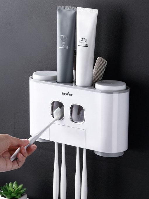 Тримач-диспенсер 3-в-1 для зубної пасти зі стаканами клейкий MBM HOME модель BP-25 WHITE/GRAY Фото
