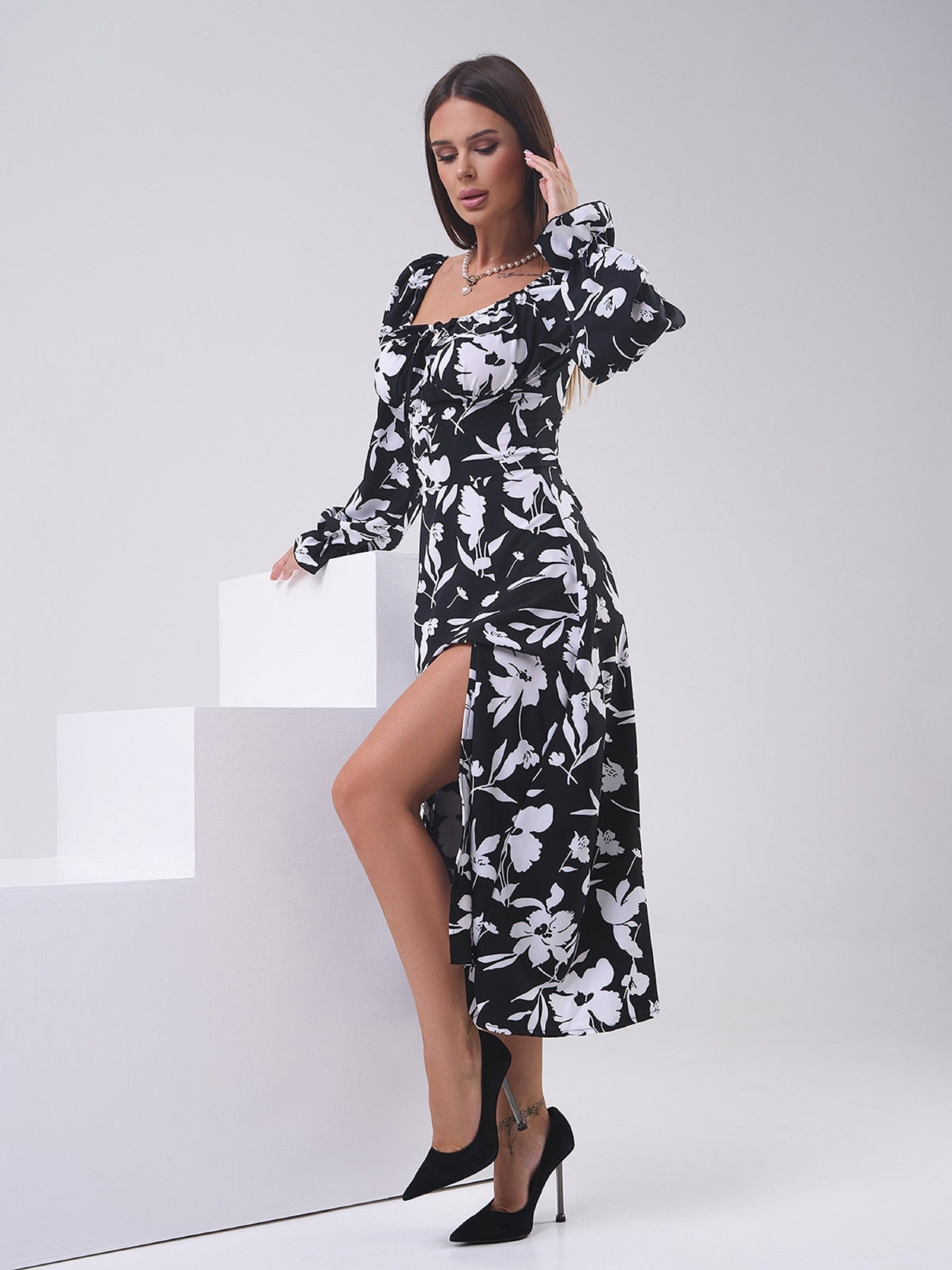 Сукня міді ISSA Plus модель SA-559_черный_белый Фото