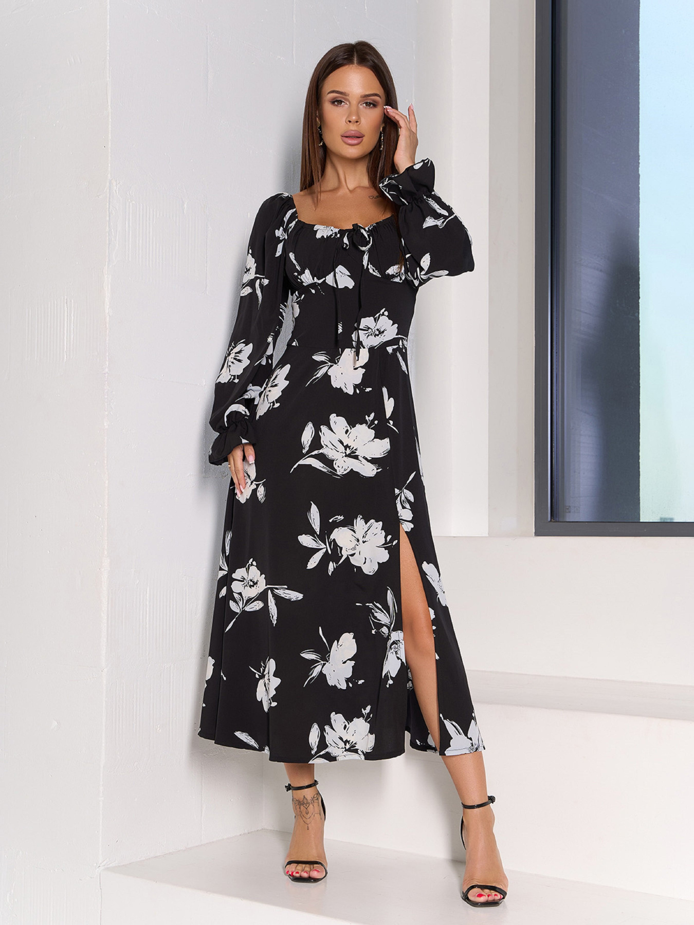 Платье миди ISSA Plus модель SA-551_черный_белый Платье миди ISSA Plus модель SA-551_черный_белый Фото