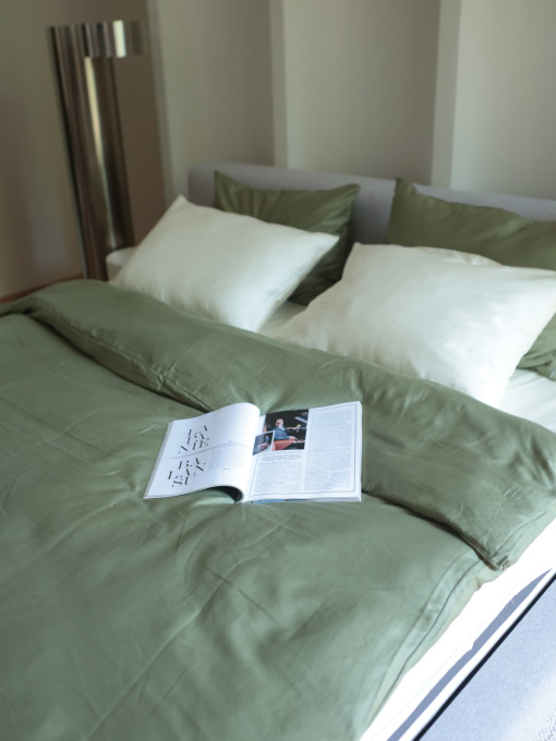 Комплект постільної білизни з тканини Сатин колір Оливковий і молочний BedclozZzes модель 18641-4 Фото