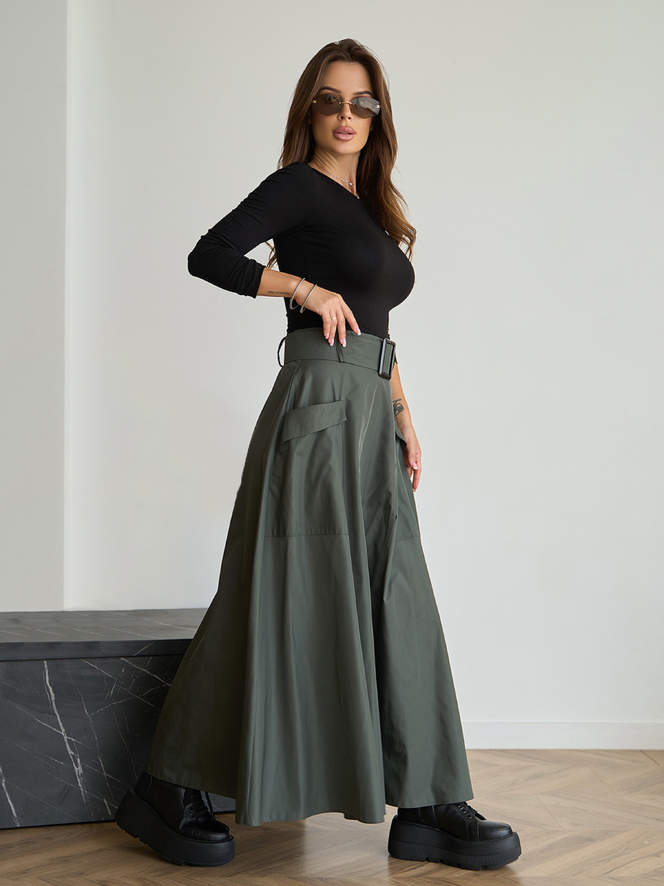 Юбка макси ISSA Plus модель 14836_хаки Фото