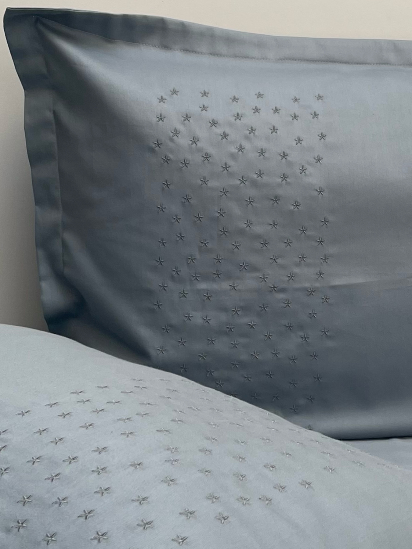 Наволочка сіро-блакитна з вишитими зірками Cozy модель 8008379 Фото