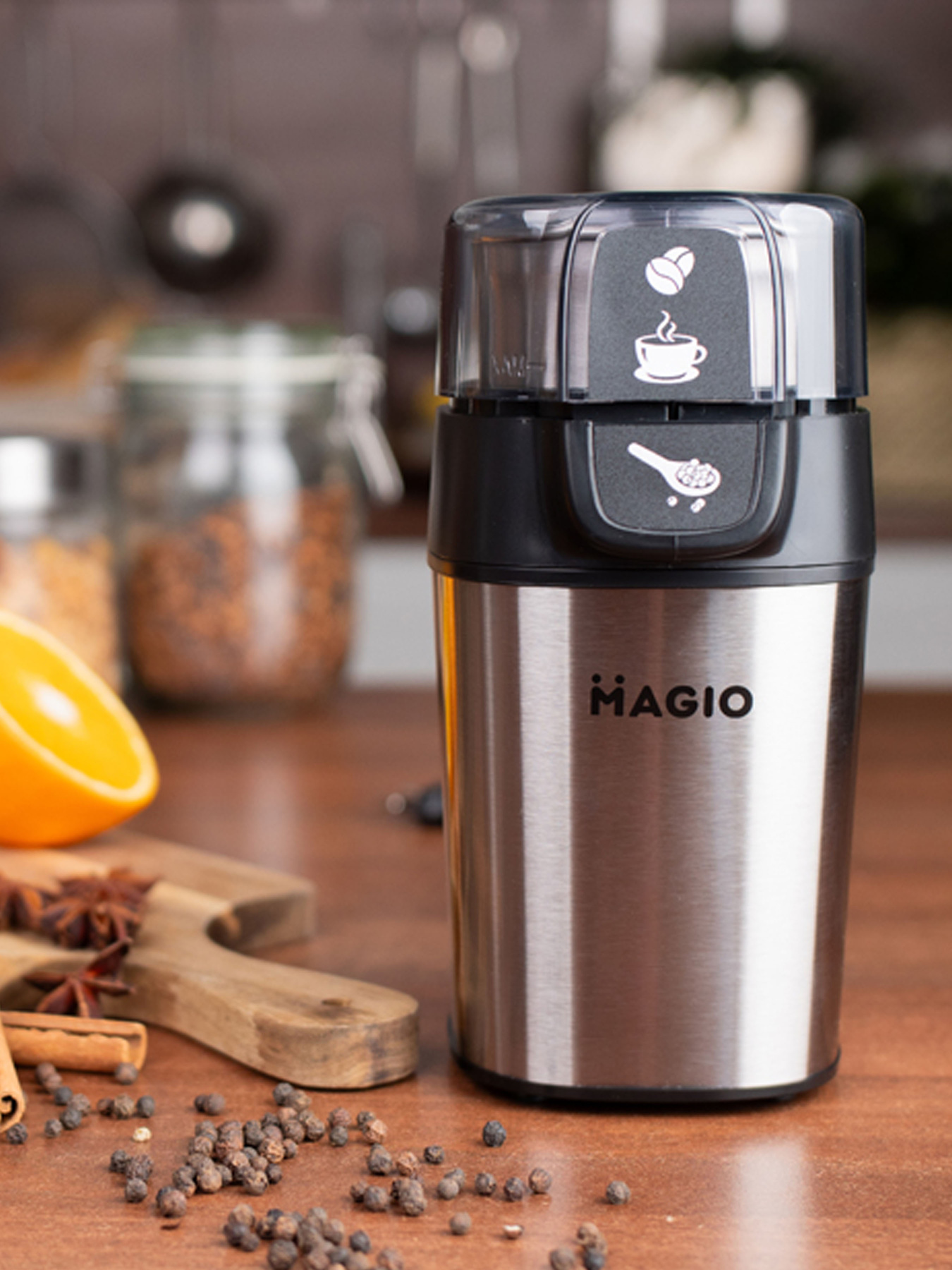 Мультимолка MAGIO МG-195/300Вт/70 гр/нерж.корпус/знімна чаша/ніж титан. покр, для спецій,круп,кави Magio модель MG-195 Фото