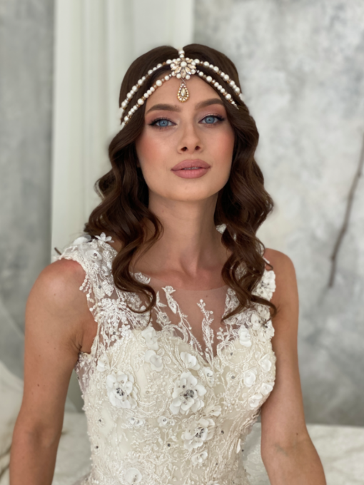 Тика из жемчужин с брошью, молочный шампань Zarmilkas модель OP-3-1 Фото