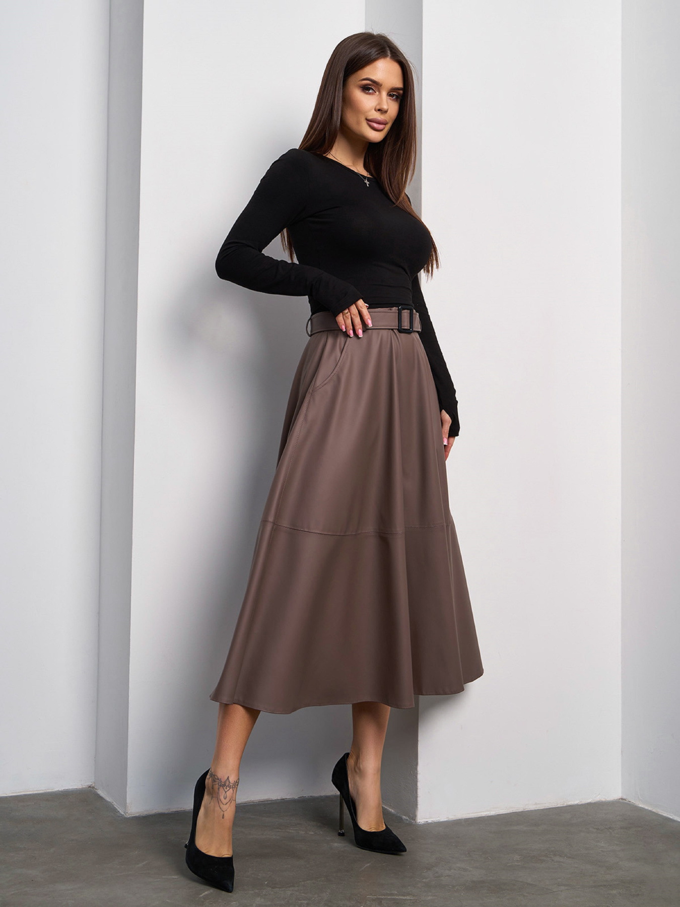 Спідниця міді ISSA Plus модель 14162A_коричневый Фото