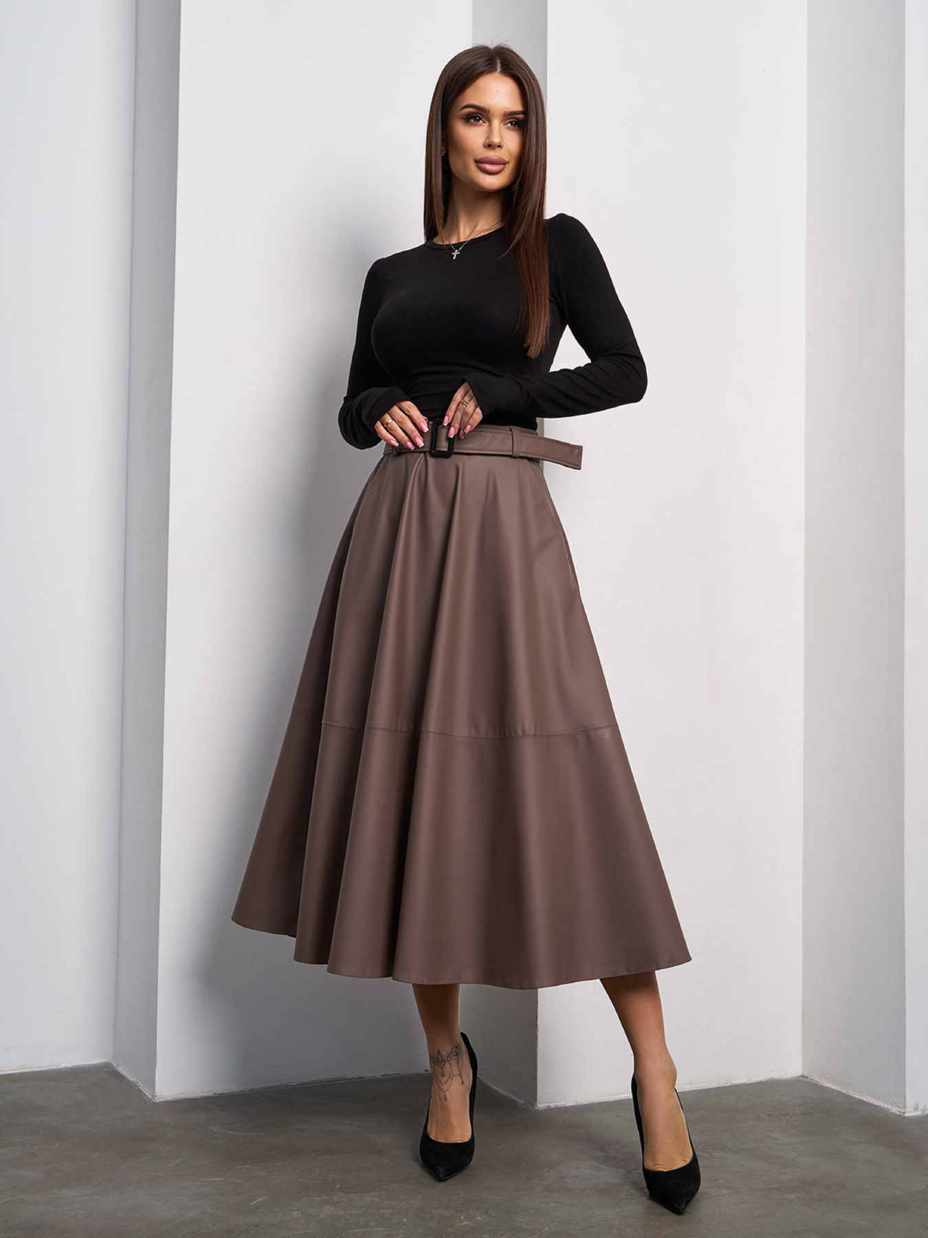 Спідниця міді ISSA Plus модель 14162A_коричневый Фото