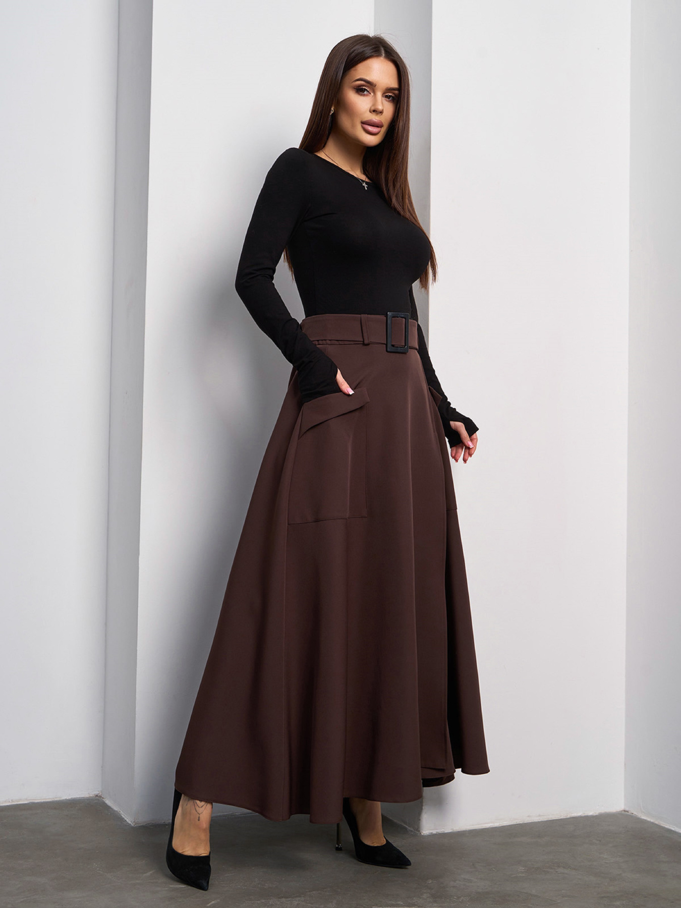 Спідниця максі ISSA Plus модель 14837_темно_коричневый Фото