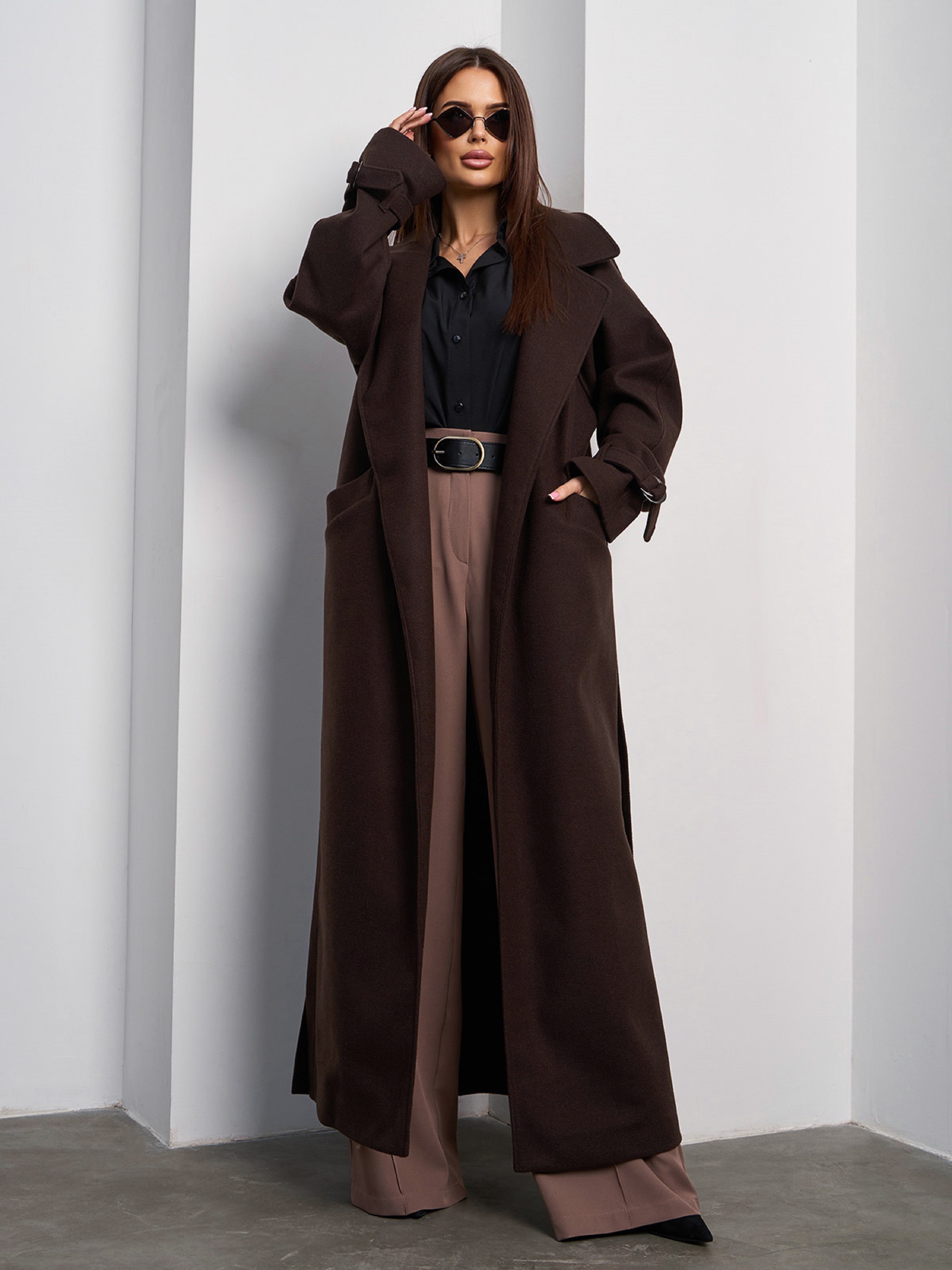 Жіноче Пальто ISSA Plus  (15048_dark_brown) колір темно-коричневий, матеріал кашемір