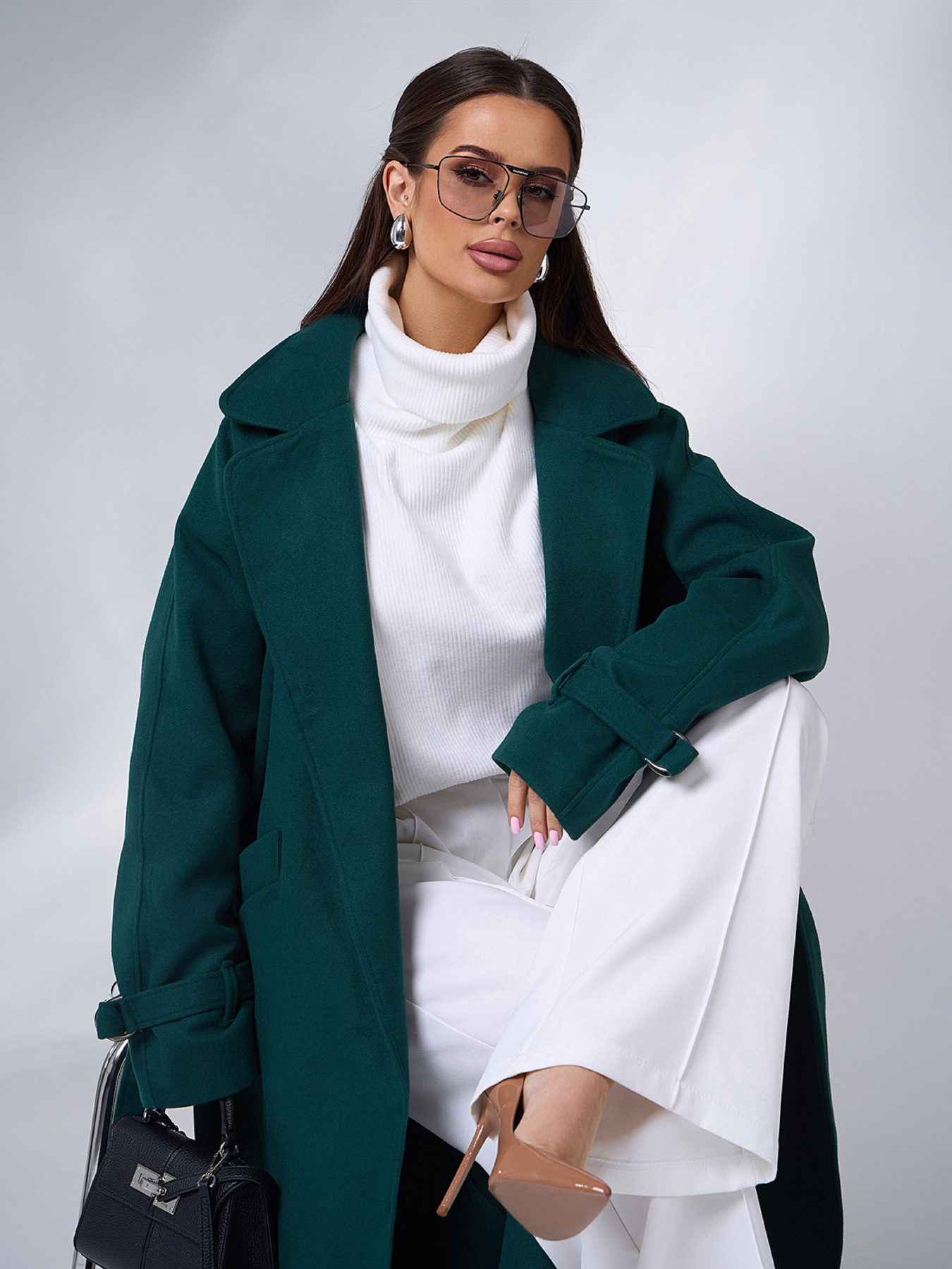 Пальто ISSA Plus модель 15090_темно_зеленый Пальто ISSA Plus модель 15090_темно_зеленый Фото