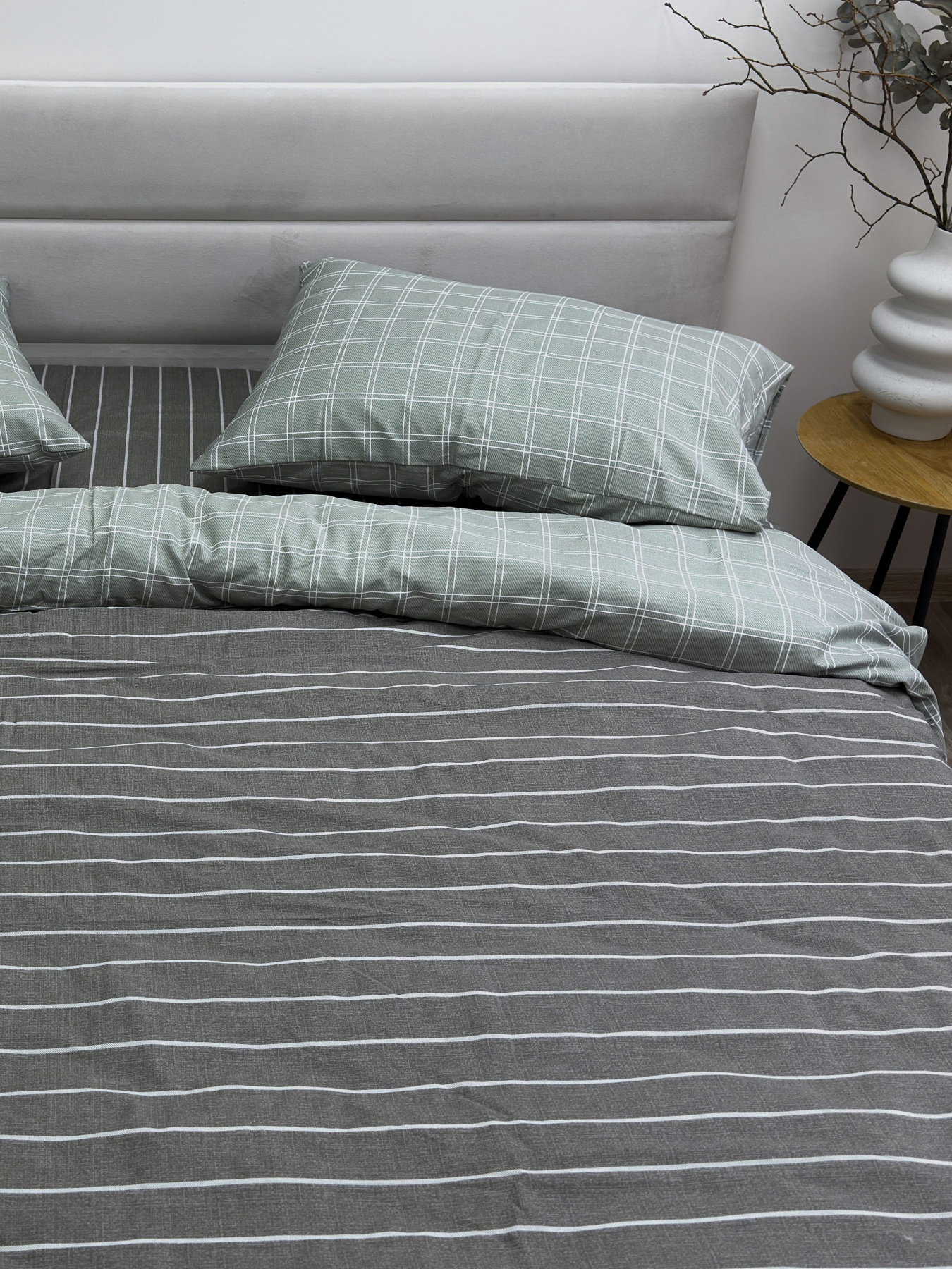 Комплект постельного белья из сатина двусторонний клетка-полоска Grey Ecotton модель 22248 Фото