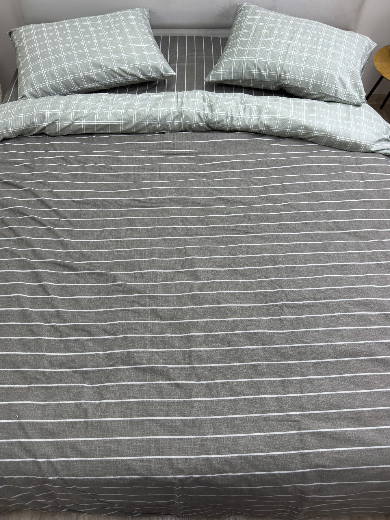 Комплект постельного белья из сатина двусторонний клетка-полоска Grey Ecotton модель 22248 Фото