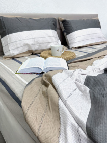 Комплект постільної білизни из сатина в полоску сірий та молочний Ecotton модель 22251-20004 Фото