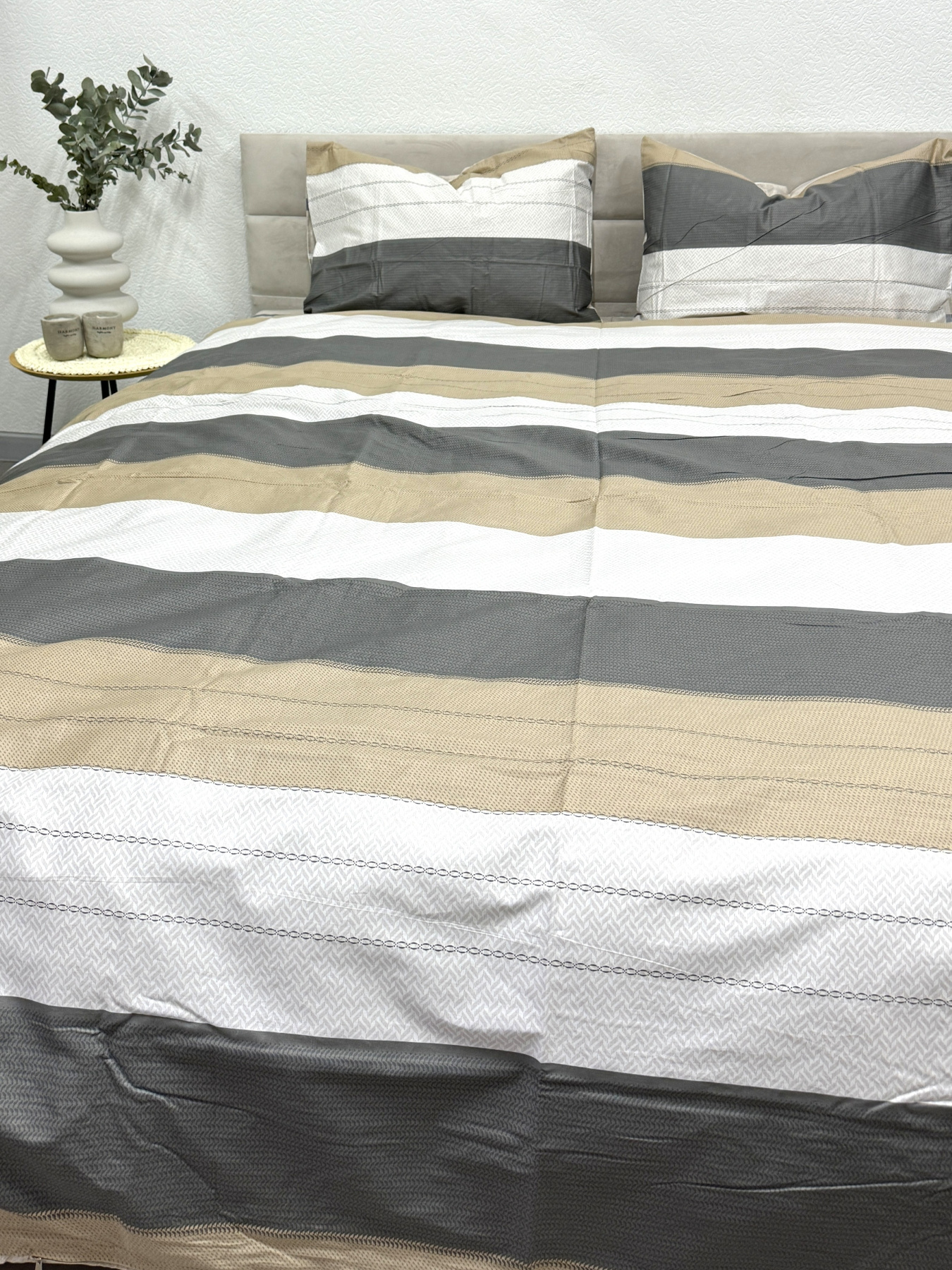 Комплект постельного белья із сатину в полоску сірий та молочний Ecotton модель 22251-20004 Фото