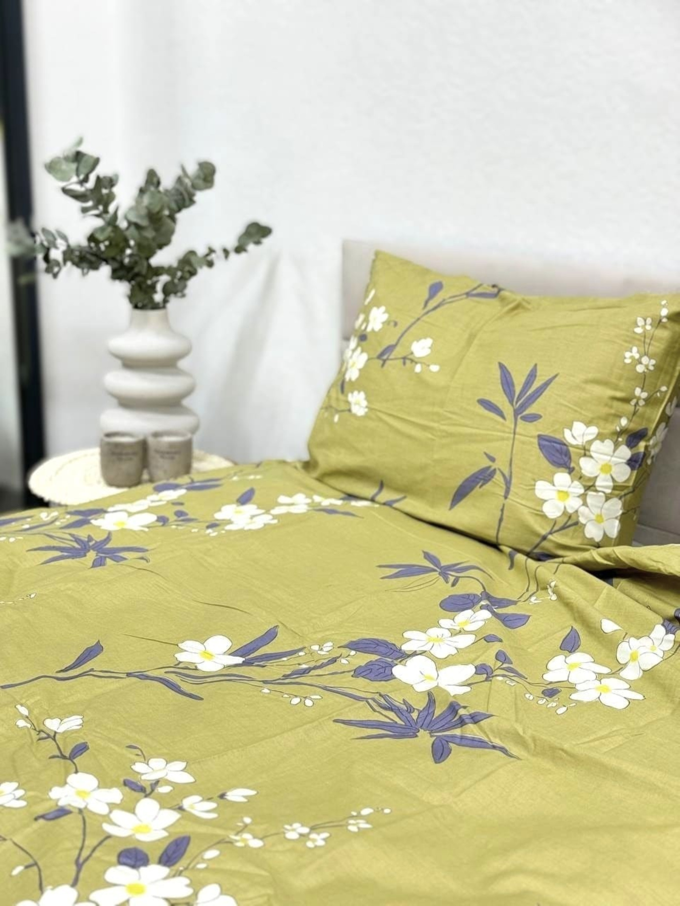 Комплект постельного белья из сатина Ветка Сакуры двусторонний оливковый Ecotton модель 23340-21005 Фото