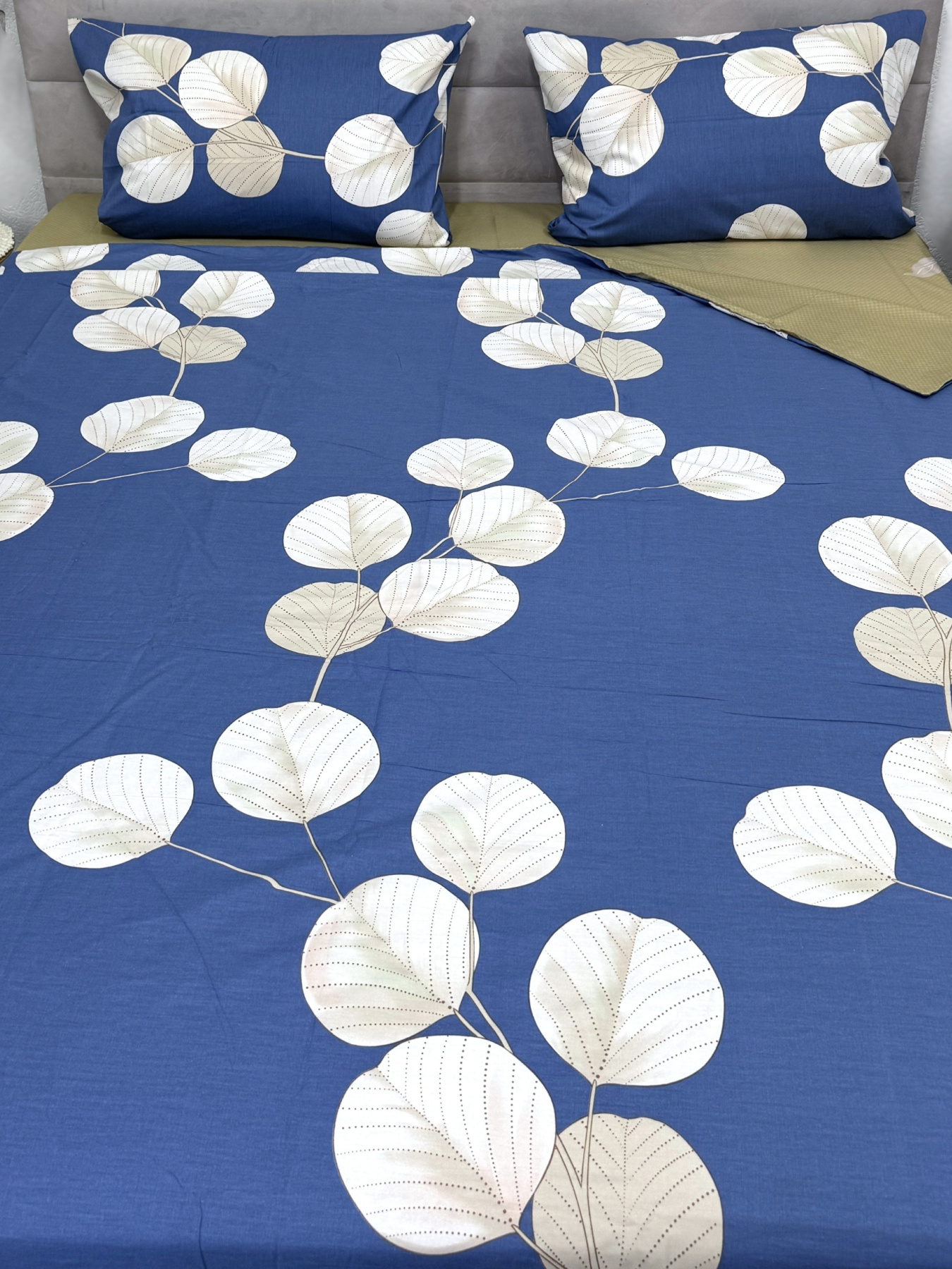 Комплект постільної білизни Листя на синьому синій двосторонній Ecotton модель 23712-21210 Фото
